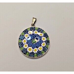 Murano Glass Millefiori Blue Green Daisy Floral 925 Sterling Silver Pendant
